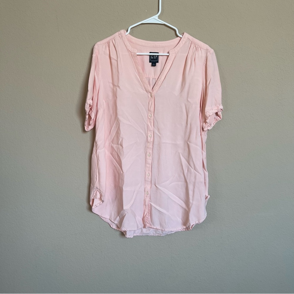 Light pink button down maternity blouse